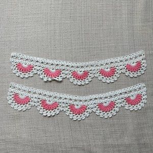 Set of 2 lace towel edges, borders, hand crocheted, pink and off white, NEW